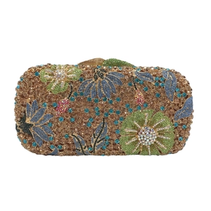 Luxurious floral crystal clutch evening bag with multicolored rhinestones and champagne gold base