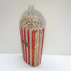 Detailed close-up of a luxury popcorn bucket evening bag with sparkling rhinestone crystals