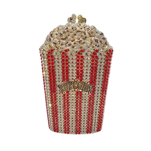 Luxury popcorn bucket evening clutch bag with red and white rhinestones and gold crystals