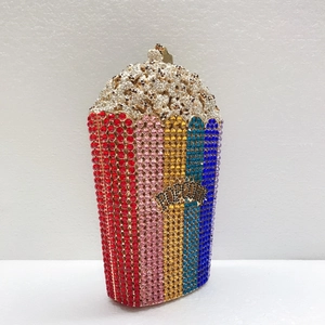 Detailed close-up of the multi-color crystal popcorn clutch bag with inlaid rhinestones