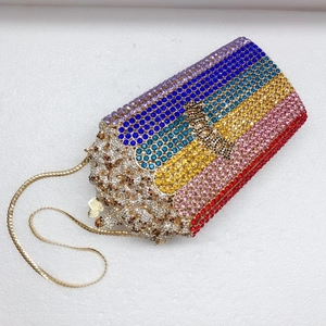 Colorful popcorn shaped evening clutch bag with sparkling rainbow rhinestones and gold chain