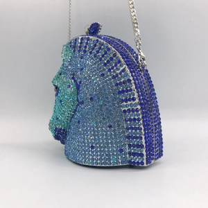 Luxury horse head evening clutch bag with gradient blue rhinestones and silver chain