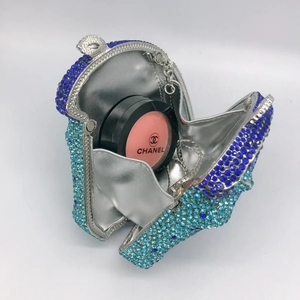 Luxury horse head evening clutch bag with blue crystal rhinestones and metal chain strap