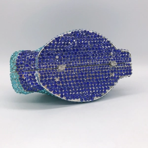 Luxury horse head evening clutch bag with blue crystal rhinestones and metal frame