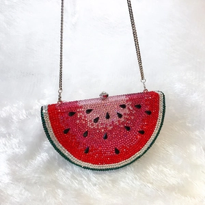 Handmade watermelon shaped crystal clutch bag with vibrant red and green rhinestones