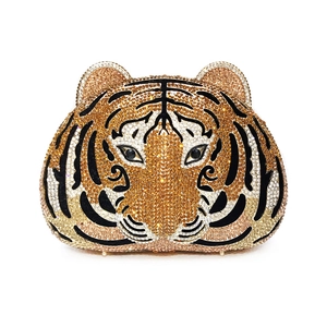 Luxury tiger head evening clutch bag featuring intricate orange and gold rhinestone crystal work
