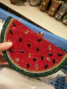 Sparkling watermelon evening clutch bag with red and green rhinestones and metal clasp