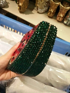 Exquisite watermelon-shaped crystal evening clutch bag with sparkling hand-set rhinestones
