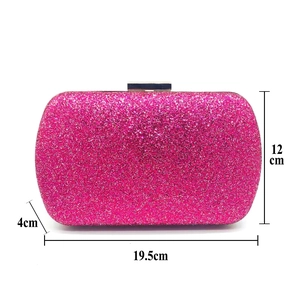 Detailed view of rose pink sequin clutch with silver clasp and 19.5x12x4cm dimensions