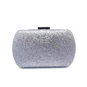 Elegant silver sequin evening clutch bag with metallic clasp and chain strap for parties