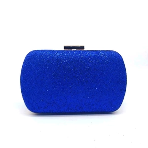 Sparkling dark blue sequin evening clutch bag with rectangular gold metal clasp for women
