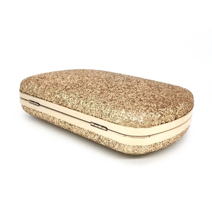 Detail view of champagne gold sequin clutch bag with metallic frame and hard shell