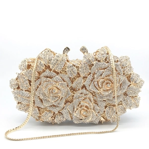 Rose Flower Rhinestone Evening Bag Luxury Metal Hard Shell Clutch For Wedding Party Floral Handbag With Chain
