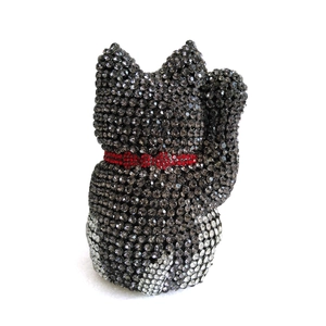 Luxury lucky cat evening clutch bag with black and silver crystals in back view