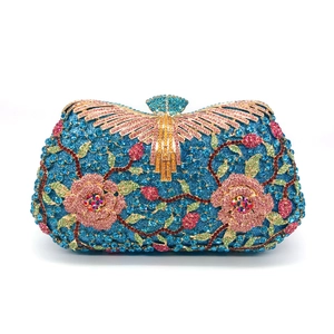 Luxurious Rhinestone Evening Clutch Bag Metal Hollow Floral Crystal Handbag For Party Wedding Women With Chain Strap