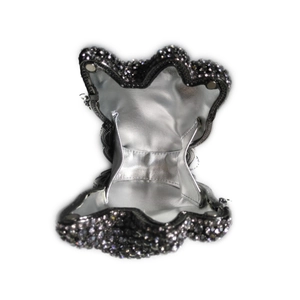 Lucky cat shaped evening clutch with dark grey rhinestones and silver magnetic closure