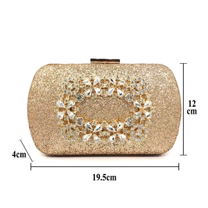 Detailed dimensions of the sequined evening clutch with rhinestone floral buckle