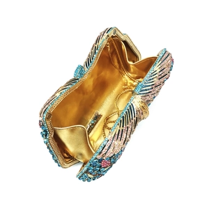 Luxury rhinestone evening clutch bag with colorful floral pattern and gold chain strap