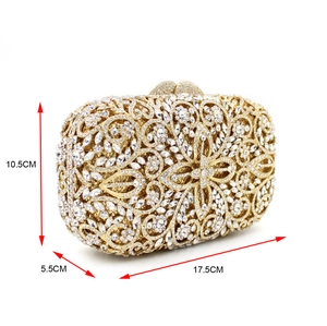 Luxurious gold evening clutch bag with flower rhinestone pattern and detailed dimensions
