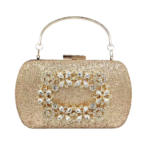 Elegant Women Evening Clutch Bag With Glitter Sequins And Rhinestone Square Buckle Luxury Party Wedding Handbag Metal Handle