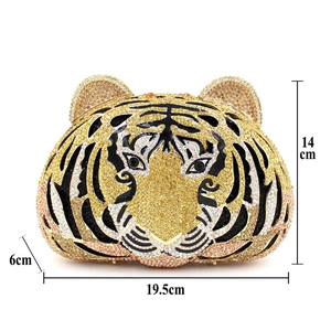 Tiger head evening clutch bag decorated with sparkling crystals and size measurements