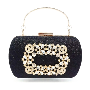 Elegant black sequin evening clutch bag with sparkling diamond square buckle and gold handle
