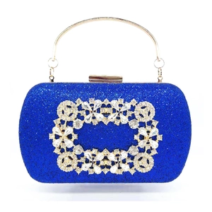 Royal blue sequin evening clutch bag with sparkling diamond square buckle and gold handle