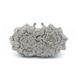 Elegant silver 3D rose flower evening clutch bag with crystal pavé and metal frame