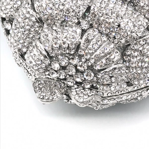 Silver pineapple floral diamond evening clutch bag with shell texture and metal rhinestones