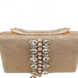 Close-up of champagne gold evening clutch with vertical rhinestone and crystal detail