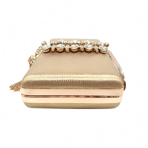 Macro shot of champagne evening bag featuring sparkling rhinestones and a gold tassel detail