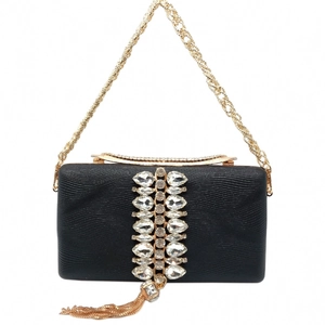 Elegant black evening clutch bag with sparkling crystals, gold tassels, and chain strap
