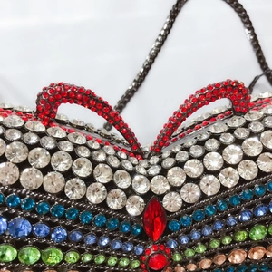 Detailed view of luxury butterfly evening bag with colorful crystals and red main stone