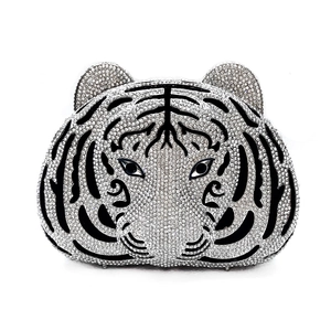 Tiger Head Evening Clutch Bag Rhinestone Hollow Metal Luxury Banquet Party Handbag For Women With Chain Strap