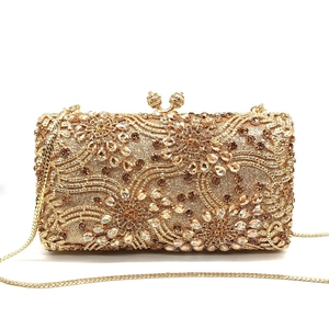 Luxury Evening Clutch Bag Hollow Out Rhinestone Flower Pattern Gold Alloy Hard Shell Wedding Party Banquet Handbag Chain
