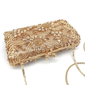 Elegant gold hardshell evening clutch with handmade rhinestones and floral sequins