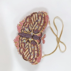 Pink crystal butterfly evening clutch bag with sparkling rhinestones and gold chain