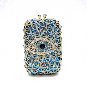 Abendtasche mit blauem Kristall Auge und goldenem Metallrahmen für Damen hohl