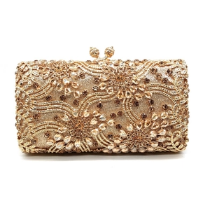 Elegant gold evening clutch bag with sparkling floral rhinestones and double ball clasp