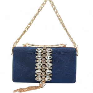 Elegant navy evening clutch bag with sparkling rhinestones and delicate metal tassels
