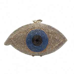 Evil eye evening clutch bag featuring blue and clear crystal rhinestones with metal clasp