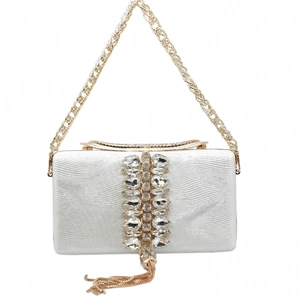 Silver evening clutch bag with sparkling teardrop crystals and gold fringe tassels