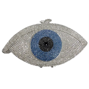 Close-up of sparkling crystals and metal clasp on the Evil Eye evening clutch bag