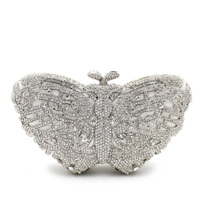 Elegant butterfly evening clutch bag with sparkling crystals and silver metal frame