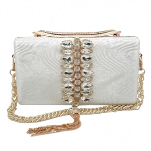 Detail of silver evening bag with sparkling rhinestones and elegant gold tassel chain