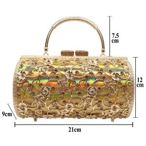 Detailed dimensions of gold hollow metal evening clutch with floral crystal patterns