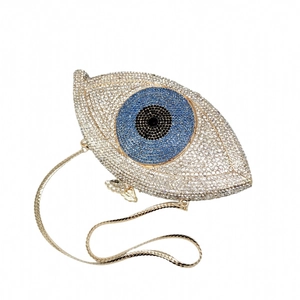 Creative eye-shaped evening clutch bag with sparkling rhinestones and gold chain strap
