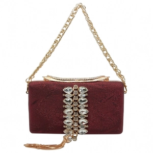 Elegant burgundy evening clutch bag with sparkling diamond tassels and gold chain strap