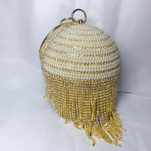 Luxueux Sac À Main De Soirée Sphérique Strass Künstliche Perle Long Gland Élégante Pochette De Fête Poignée En Métal Ronde Femmes