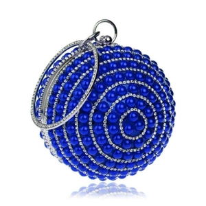 Pochette de soirée sphérique bleu roi avec perles, cristaux et doubles poignées anneaux métal